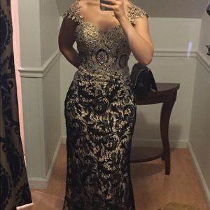 Custom Black and Gold Lace Evening Gown